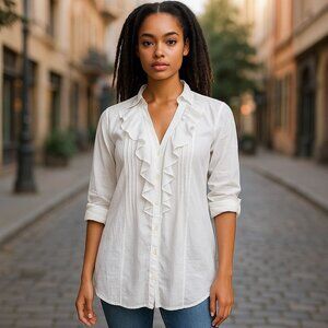 Apostrophe Shirt Women L White Ruffle Front Button Down Blouse Preppy Stretch